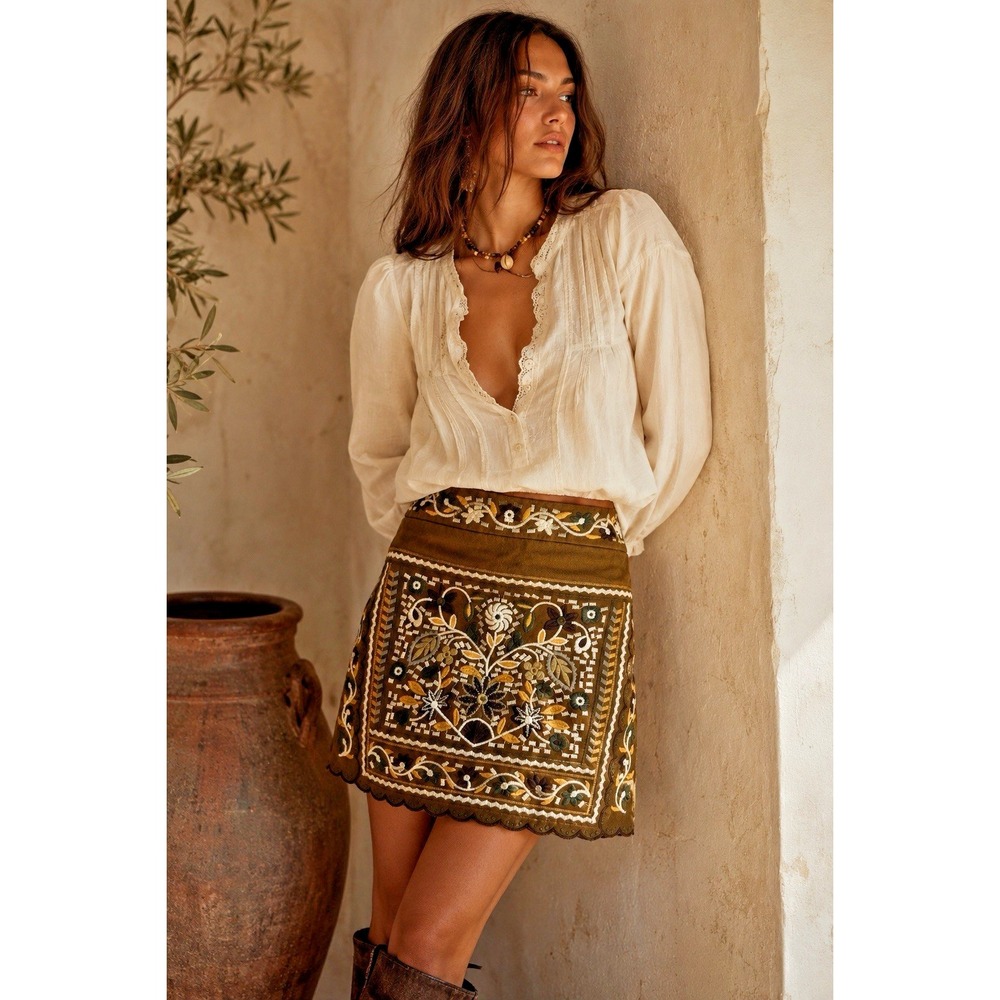 Jacquie the Label Embroidered Mini Skirt Brown Floral Boho Cotton Sz L